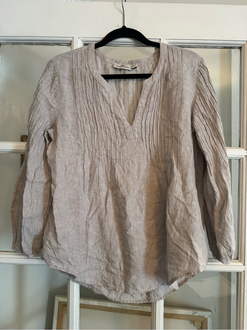Vineyard Vines Light Taupe Pintuck Linen Tunic Top - 3/4 Sleeve